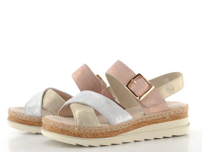 Rieker sandály na platformě s klínkem nude/silver/rosa/muschel  V7951-90